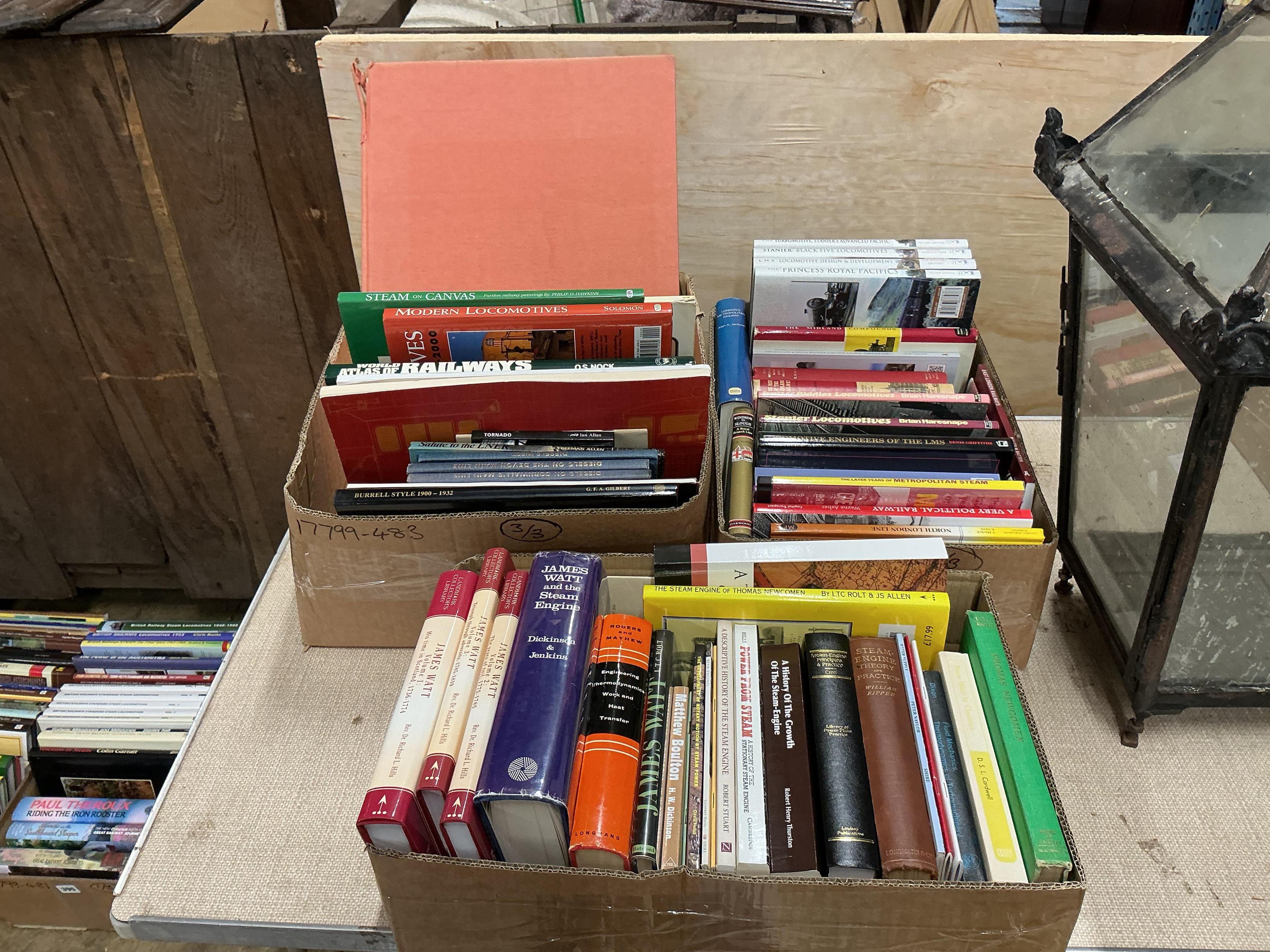 Three boxes of railway related books, subjects include; James Watt, Steam Engine Theory, LMS Locomotive Design & Development, Locomotive Engineers of the LMS, Fowler Locomotives, World Atlas of Railways, Steam on Canvas,